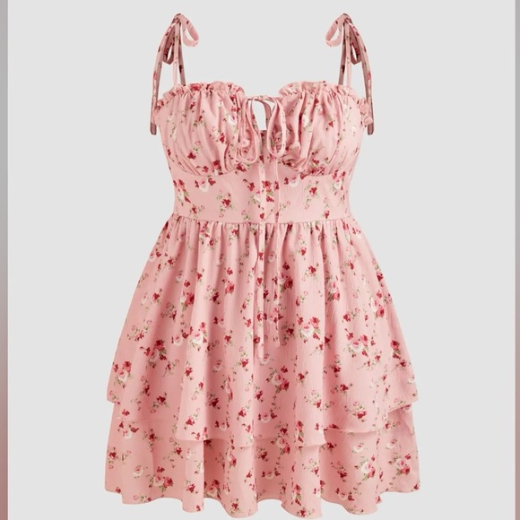 Cider Dresses & Skirts - Cider WOVEN FLORAL RUFFLE HEM KNOTTED LAYERED MINI DRESS CURVE & PLUS 1XL